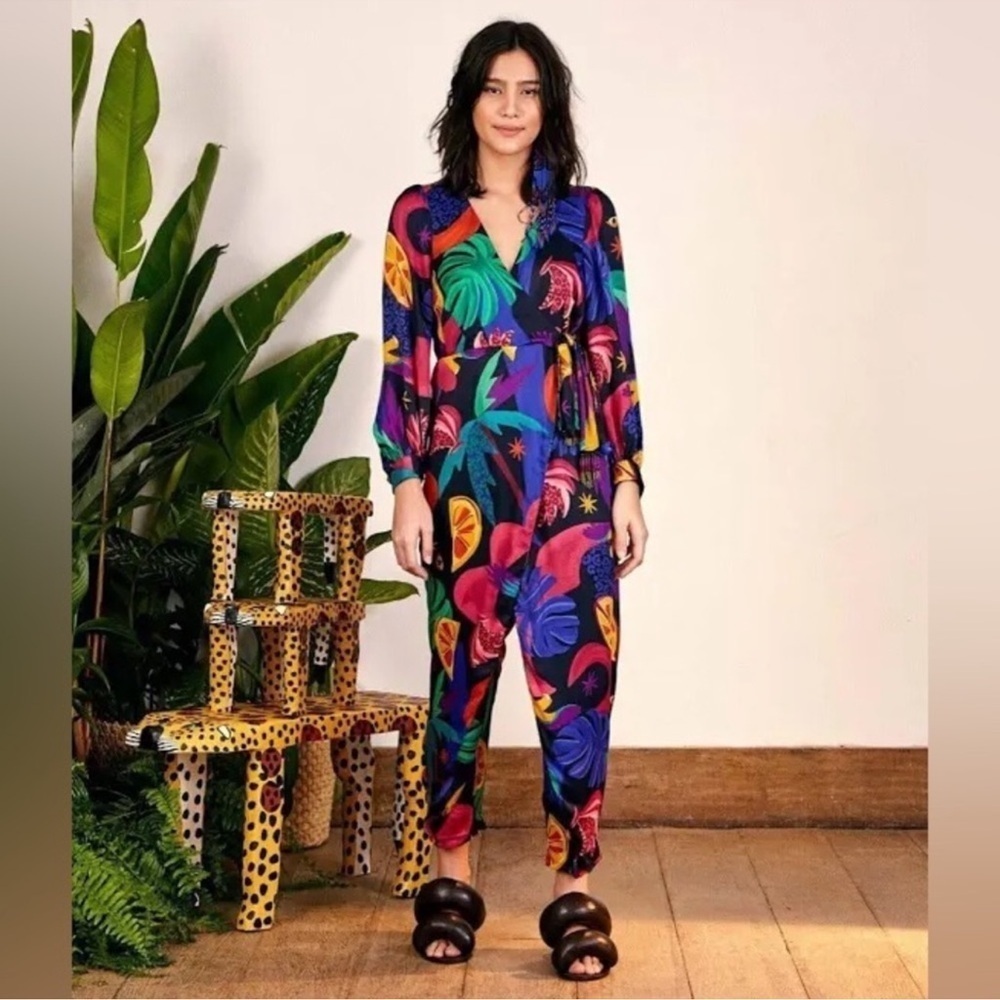 Farm Rio Anthropologie Wrap Slit Legs Floral Fruit Women’s Jumpsuit Romper Sz M